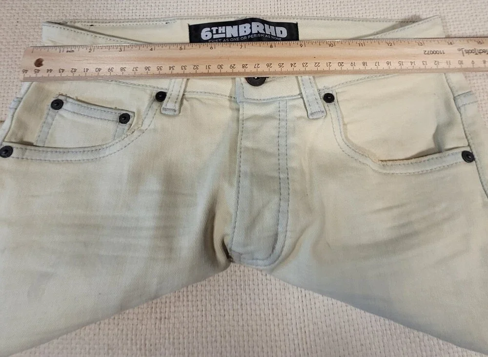6th NBRHD Jeans Mens 28 Yellow Wash Stacked Flare Button Fly Distressed Raw Hem